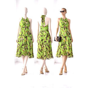 Vintage Women’s Green Floral Halter  Neck Long Dress M Rayon Resort Vacation VTG